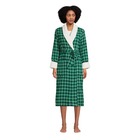 Lands' End Women's Petite Flannel High Pile Fleece Lined Long Robe - Large  - Emerald Gulf Field Check : Target