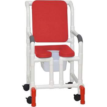 MJM International Corporation Shower chair 18 in width 3 in RED seat RED cushion padded back true vertical open 10 qt slide mode pail 300 lb wt