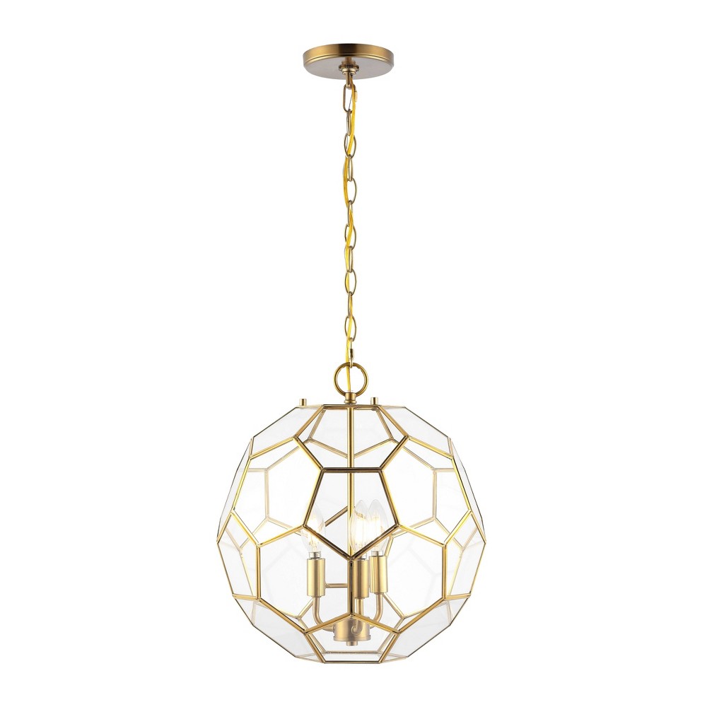 13.5" 3-Light Bee Modern Farmhouse Iron/Glass LED Pendant Brass Gold/Clear - JONATHAN Y: Hexagon Panels, UL Listed, Adjustable Height
