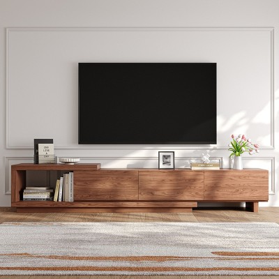 Modern 90-inch TV Stand with Open Shelves & Storage Drawers, Walnut Veneer Media Console for Living Room