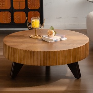 KWPZQEB 35.4" Round Coffee Table, Wood Coffee with 3 Solid Wood Legs, Farmhouse Circle Center Cocktail Table for Small Spaces, Apartment - 1 of 4