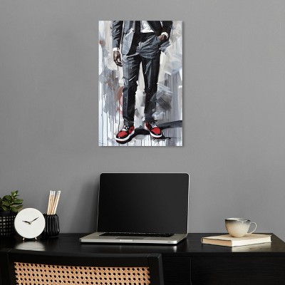 Man of Style II Red Sneakers Gray Suit Canvas Wall Art, 16" x 24"