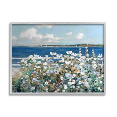 Stupell Industries Beautiful White Flower Bush Seaside Fence Ocean View Framed Giclee Art