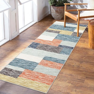 Modern Runner Rug, Geometric Patchwork, Non-Slip, Washable, Low Pile, Hallway, Foldable, Contemporary Carpet, Laundry