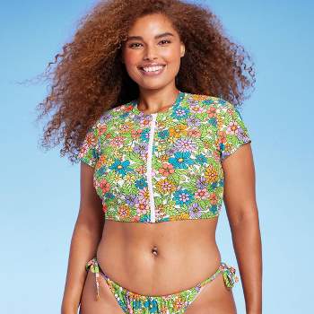 Women's Floral Short Sleeve Rash Guard Zipper Front One Piece Swimsuit -  Cupshe : Target