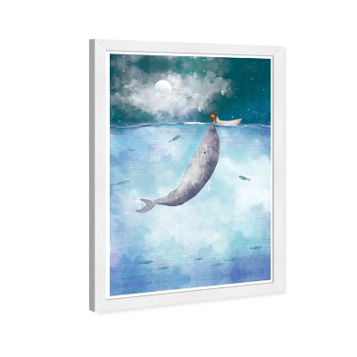 13" x 19" Over Water Surface Animals Framed Wall Art Blue - Olivia's Easel: Modern Decor, Baby Theme, White Frame