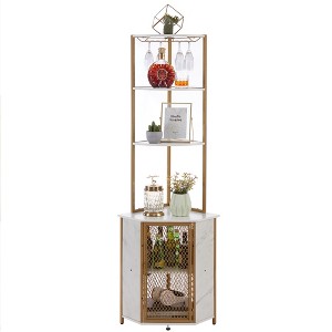 VECELO 63" Tall Corner Bookshelf 6-Tier Corner Shelf Standing Cabinet Organizer with LED Light and Charging Station, Small Space, Brown/Gray - 1 of 4