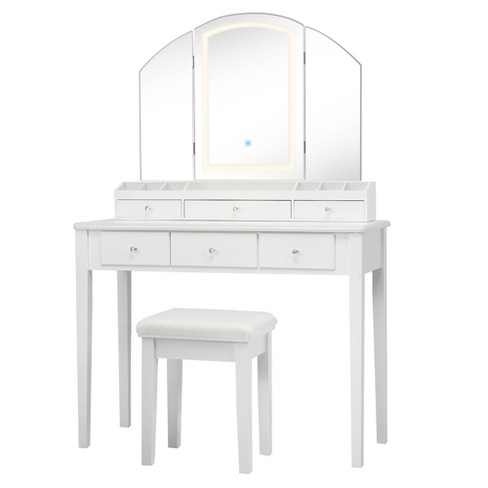 Kids Vanity Table Set with Tri-Folding Mirror and Large Drawer-White | Costway