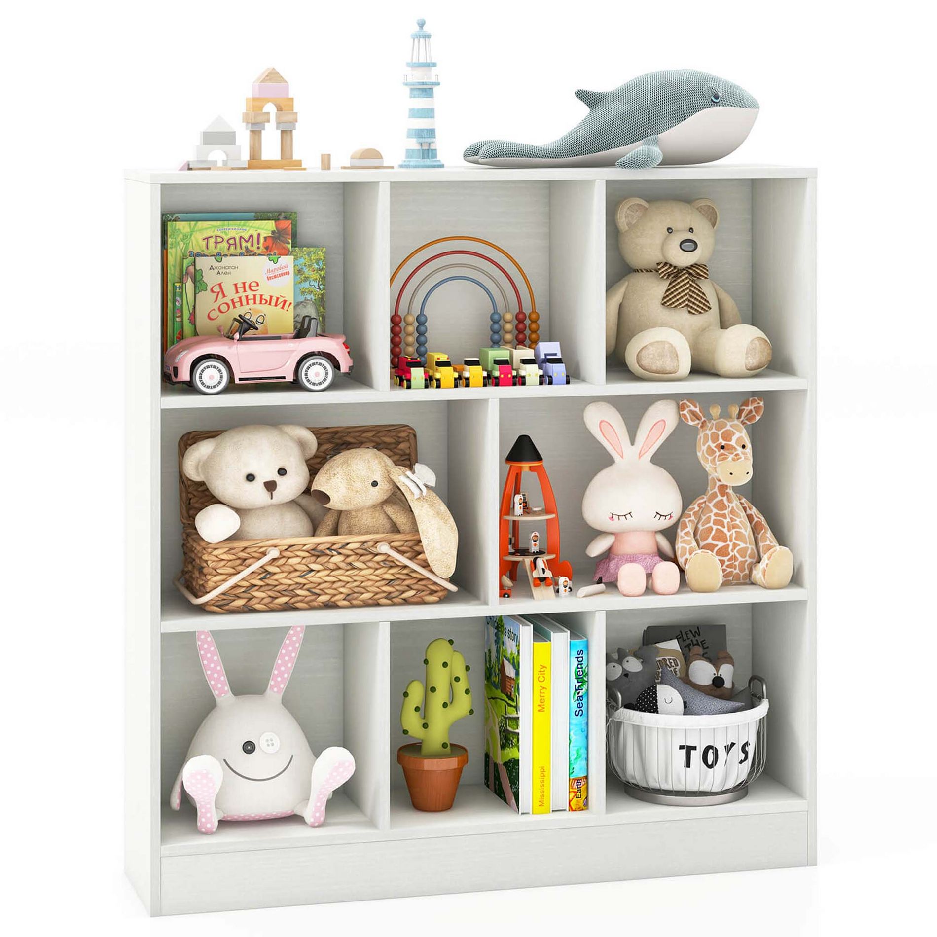 Costway 8-Cube Bookcase 41" Wooden Toy Storage Organizer for Kids Bookshelf White