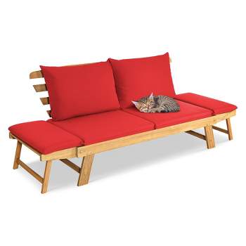 Tangkula Adjustable Patio Sofa Daybed Acacia Wood Furniture w/ Red Cushions