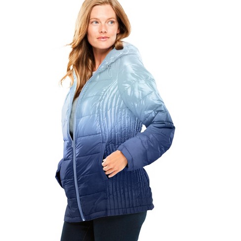 Woman Within Women s Plus Size Packable Puffer Jacket 3X Evening Blue Ombre