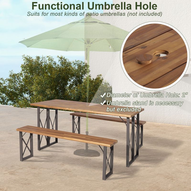 Tangkula 3 Piece Patio Picnic Table Bench Set, Outdoor Camping Table Set w/ Acacia Wood Tabletop & Seat 2” Umbrella Hole, 5 of 11