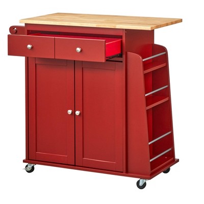 Red Wood Kitchen Cart with Spice Rack and Storage