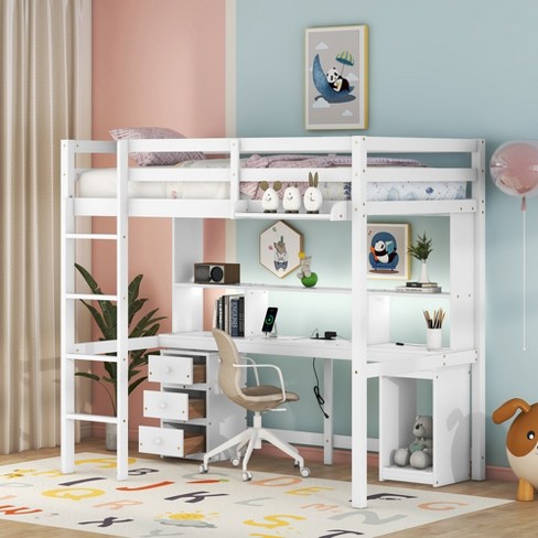 Twin Size Loft Bed with Built-in Desk, Storage Shelves and Drawers, White - ModernLuxe