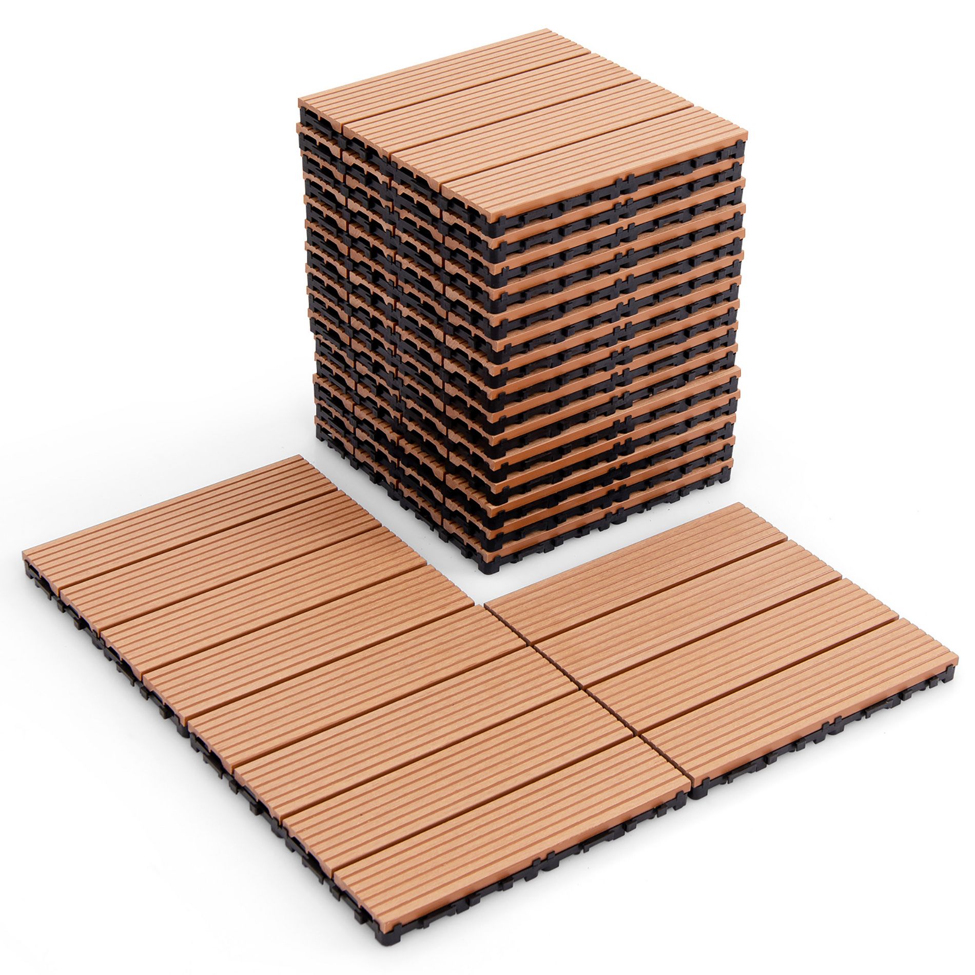 Costway 18PCS Interlocking Deck Tiles 12" x 12" Waterproof All Weather Flooring Covering Gray/Brown
