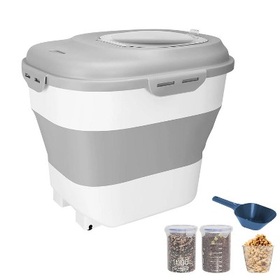 LunaLulink Food storage box with wheels Transparent airtight lid Desiccant tank Dog and cat food folding dispenser with spoon measuring cups