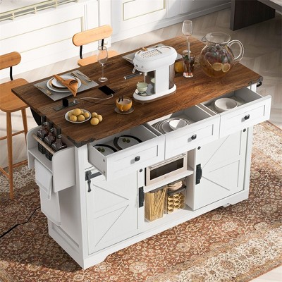 53.7" Farmhouse Kitchen Storage Island with Power Outlet, 2 Sliding Barn Door with Drop Leaf, Spice Rack Rolling Kitchen Cart on Wheels