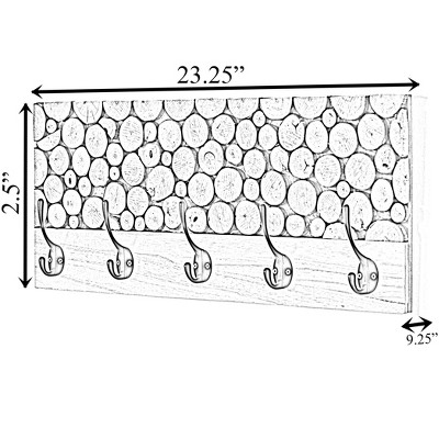 Natural Wood Rustic Hook Rack with Five Black Hooks