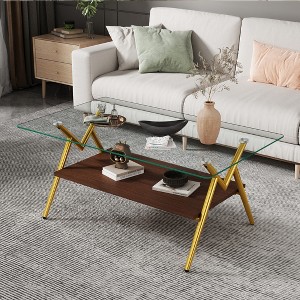 Rectangle Coffee Table, with Tempered Glass top, Metal Legs and MDF Shelf, Modern Table for Living Room - 1 of 4