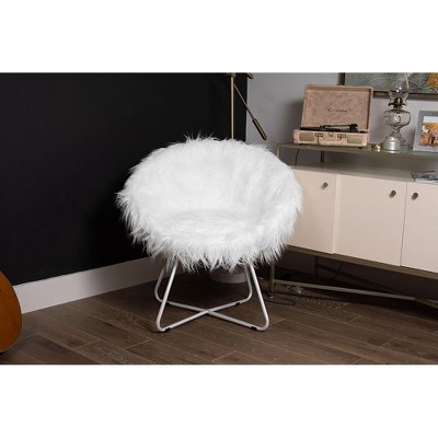 White Faux Fur Papasan Chair with Silver Metal Legs