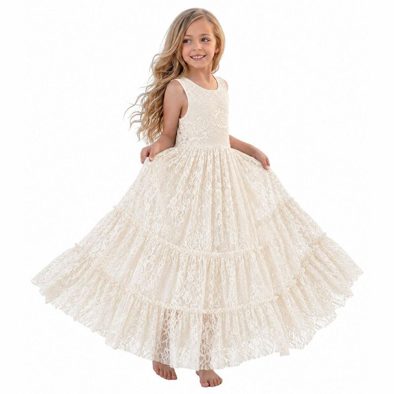 2Bunnies Girls' 3T-12yr Rose Lace All-Over Lace Zip Back Boho Garden Rustic Flower Girl Dress Ivory 3T