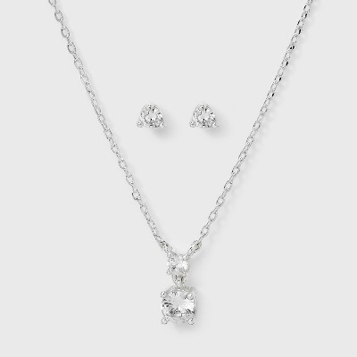 Silver Plated Cubic Zirconia Drop Pendant Necklace and Stud Earring Set 2pc - A New Day™ Silver