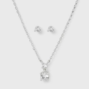 Silver Plated Cubic Zirconia Drop Pendant Necklace and Stud Earring Set 2pc - A New Day™ Silver - 1 of 4