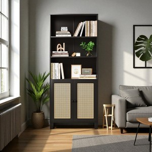 Mshliw 70.9" Tall Bookcase with Rattan Doors, 5-Tier Storage Wood Bookshelf for Living Room, Storage Cabinet for Bedroom, Library, or Home Office - 1 of 4
