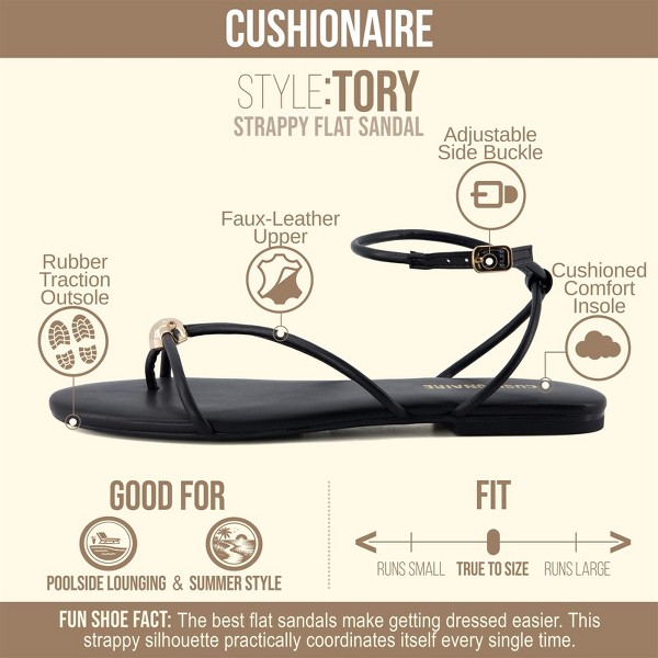 Sandalias planas de tiras Tory para mujer CUSHIONAIRE, con anillo para dedo y tobillera ajustable, estilo envolvente 2