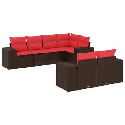 vidaXL 7 Piece Garden Sofa Set with Cushions Brown and Red Poly Rattan
