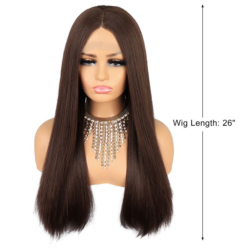 Unique Bargains Lace Front Wigs, Heat Resistant Long Straight Hair for Girl Daily Use Synthetic Fibre Dark Brown 26", 2 of 7