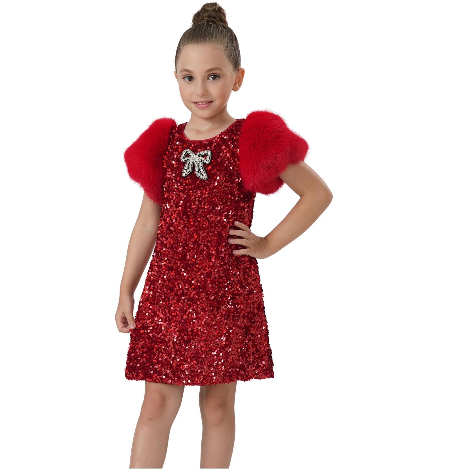 2Bunnies Girls' 2T-10yr Fur Puff Sleeve Velvet Sequin Holiday Party Birthday Girl Dress