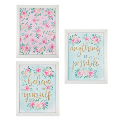 Juvale 3 Pack Floral Home Wall Decor for Girls Bedroom, Framed Art with Quotes (10 x 8 In)