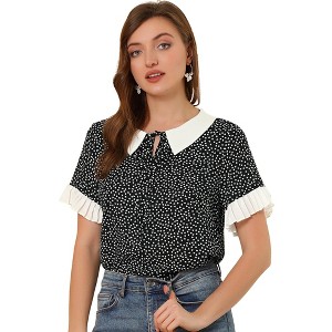 Allegra K Women's Contrast Doll Collar Polka Dots Short Sleeves Blouse - 1 of 4