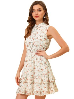Allegra K Women's Regular Fit Floral A-line Smocked Waist Tiered Ruffled Chiffon Mini Dress