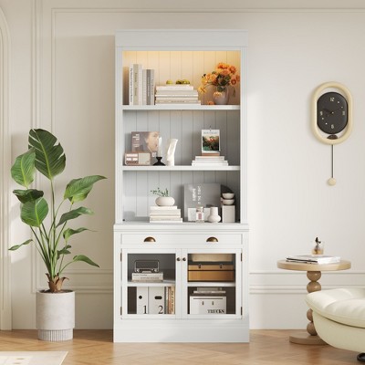 NicBex Retro Display Bookcase 5 Color Adjustable Shelves Mid-Century Modern Tempered Glass Cabinet Multiroom Display Solution, White
