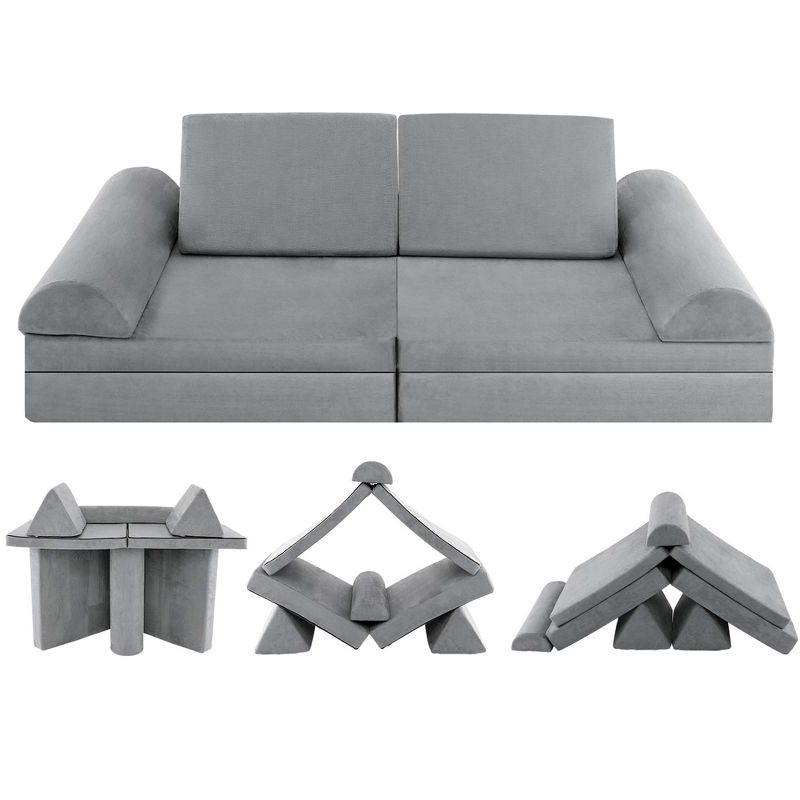 Costway 8 PCS Kids Play Sofa Set Modular Convertible Foam Folding Couch Toddler Playset Blue/Grey/Green, 1 of 11