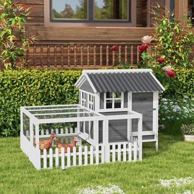 Gray and White Wooden Chicken Coop with Run and Nesting Box