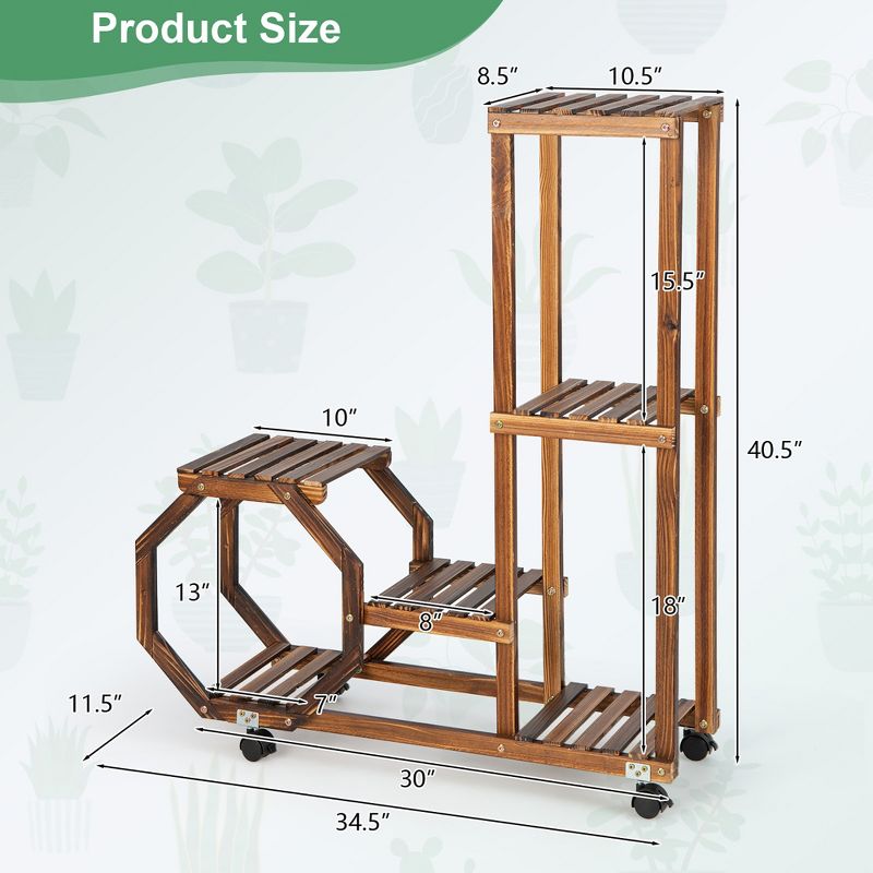 Costway 6-tier 6 Potted Rolling Plant Stand Wooden Storage Display Shelf Rack with Wheels, 4 of 10