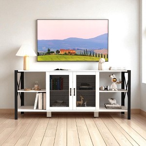80 Inch Industrial Farmhouse TV Stand with Mesh Door and Open Shelves, Modern Wood and Metal Entertainment Center for Living Room or Bedroom - 1 of 4