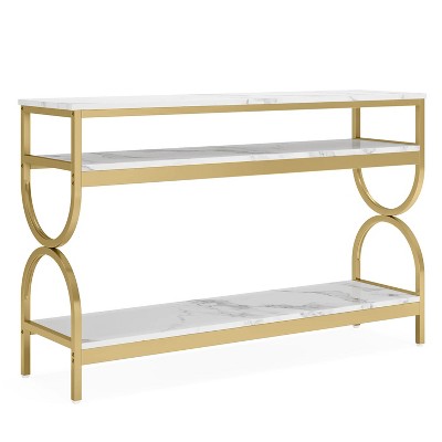 White and Gold Faux Marble 55" Console Table with Storage Shelves