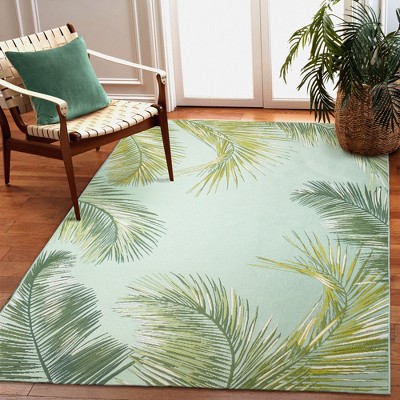 Aqua and Green Palm Leaf Indoor/Outdoor Rectangular Rug