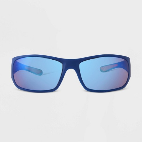 Men's Matte Plastic Wrap Rectangle Sunglasses with Blue/Green Lenses - All  In Motion™ Navy