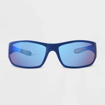 Men's Matte Plastic Wrap Rectangle Sunglasses with Blue/Green Lenses - All In Motion™ Navy