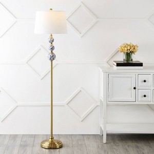 62.5" Tavira Classic Midcentury Iron LED Floor Lamp Brass Gold - JONATHAN Y: Hand Painted, Linen Shade - 1 of 4