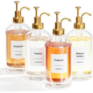 4 Glass Bottles with Gold Pumper and Syrup Labels - 16.9 oz Coffee Syrup Dispenser Set for Coffee Shop or Home Bar - 1 of 4