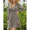 Women's Puff Long Sleeve Wrap Smocked Waist Chiffon Leopard Print Mini Dress - 2 of 4