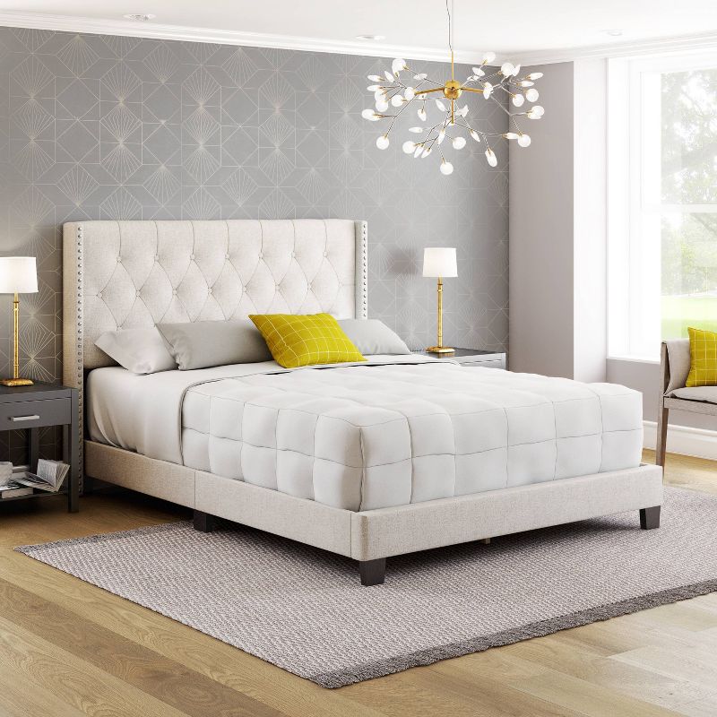 Maya Wingback Button Tufted Linen Upholstered Platform Bed with Nailhead Trim - Eco Dream, 6 of 9