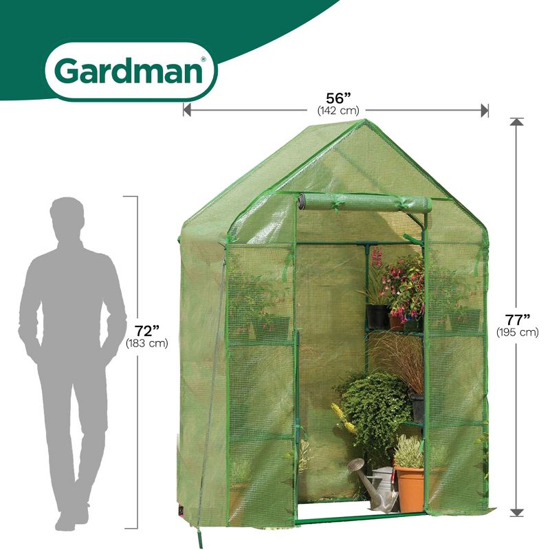 Gardman Walk In Greenhouse with 2 Tier Shelving Unit, Strong Push Fit Tubular Steel Frame, and Zippered Door for Patio, Lawn, and Garden Use, Green, 3 of 7