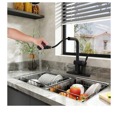 Matte Black Single-Handle Pull-Out Kitchen Faucet with Deck Plate